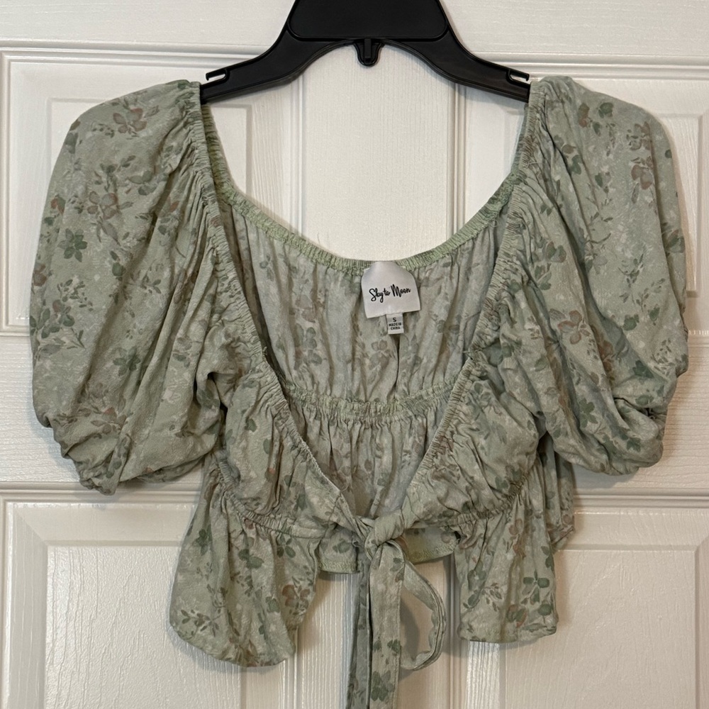 Sky to Moon Floral Green Tie Front Crop Top